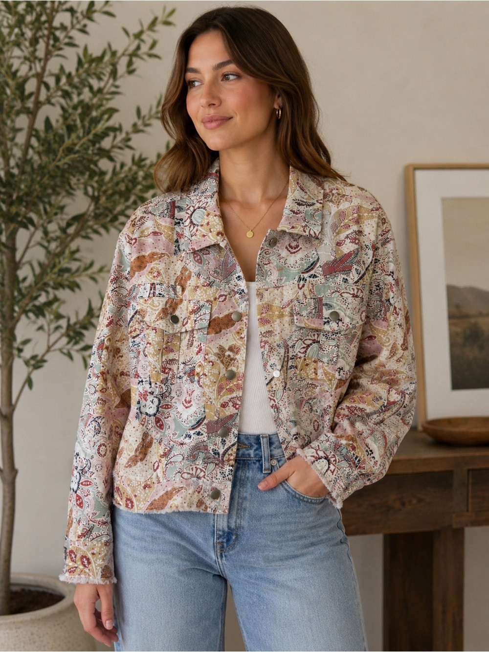 Mystree Multicolor Paisley Button-Front Jean Jacket